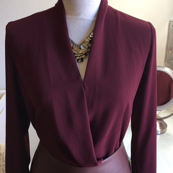 Burgundy V Neck long sleeve sheer blouse - Picture 7 of 8